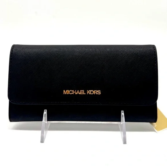 Michael Kors Large Jet Set Travel Trifold Wallet - Black/Gold - Picture 3 of 6